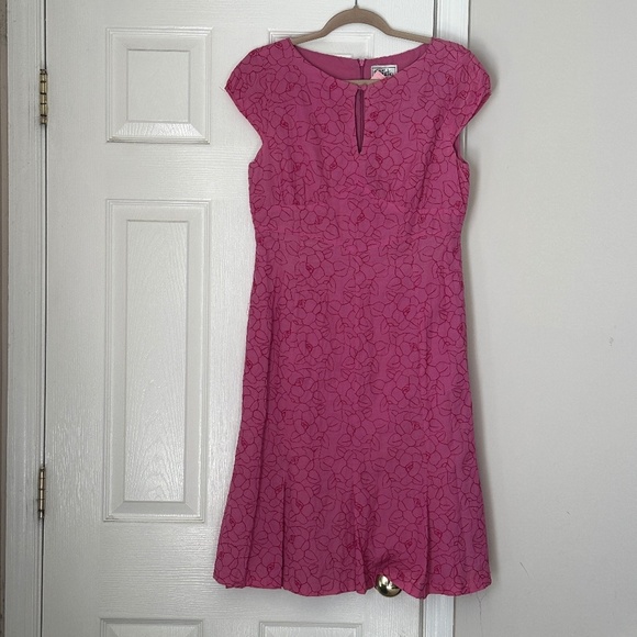 Bob Mackie Studio Silk Cotton Cap Sleeve Keyhole Swing Dress Floral Pink Size 10 - Picture 1 of 9